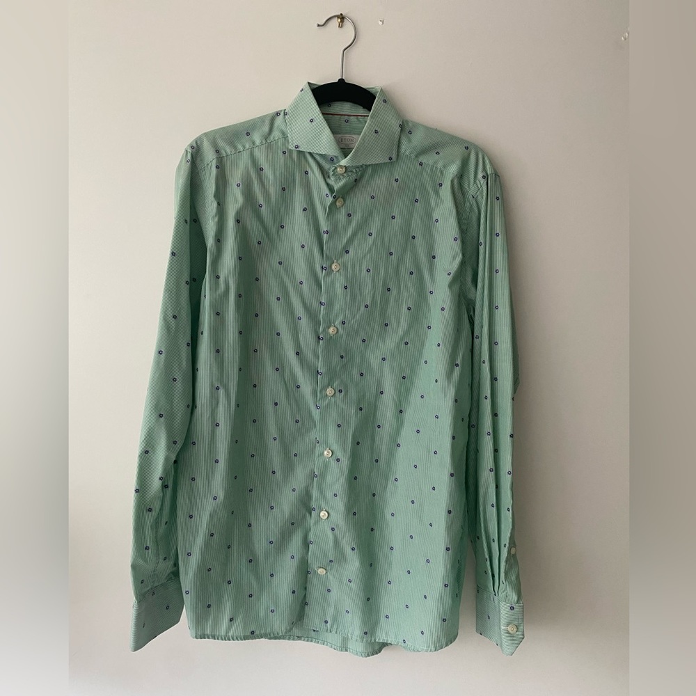 Eton Slim Fit Green Striped Woven Floral Pattern Button Down Dress Shirt